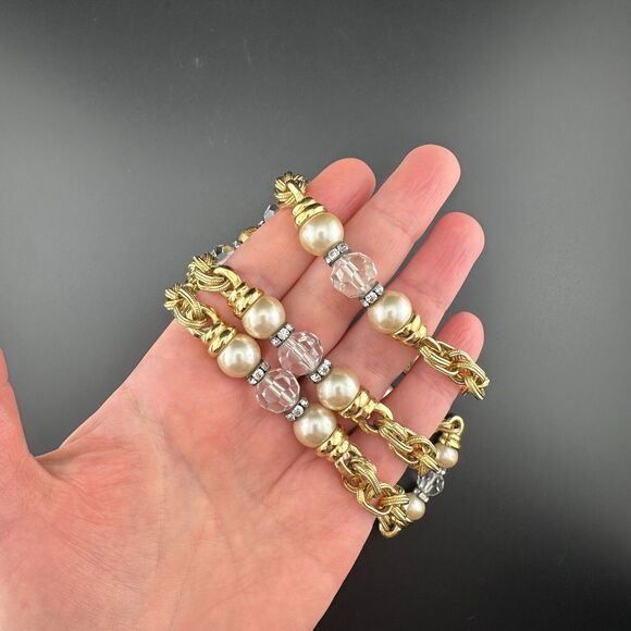 Heavy Vintage Gold Plated Chain Necklace Faux Pearl Crystal Beads Rhinestone 22" - Picture 8 of 11